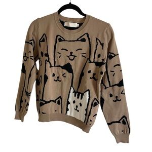 Lizette Collection Cat Print Tan Sweater size medium